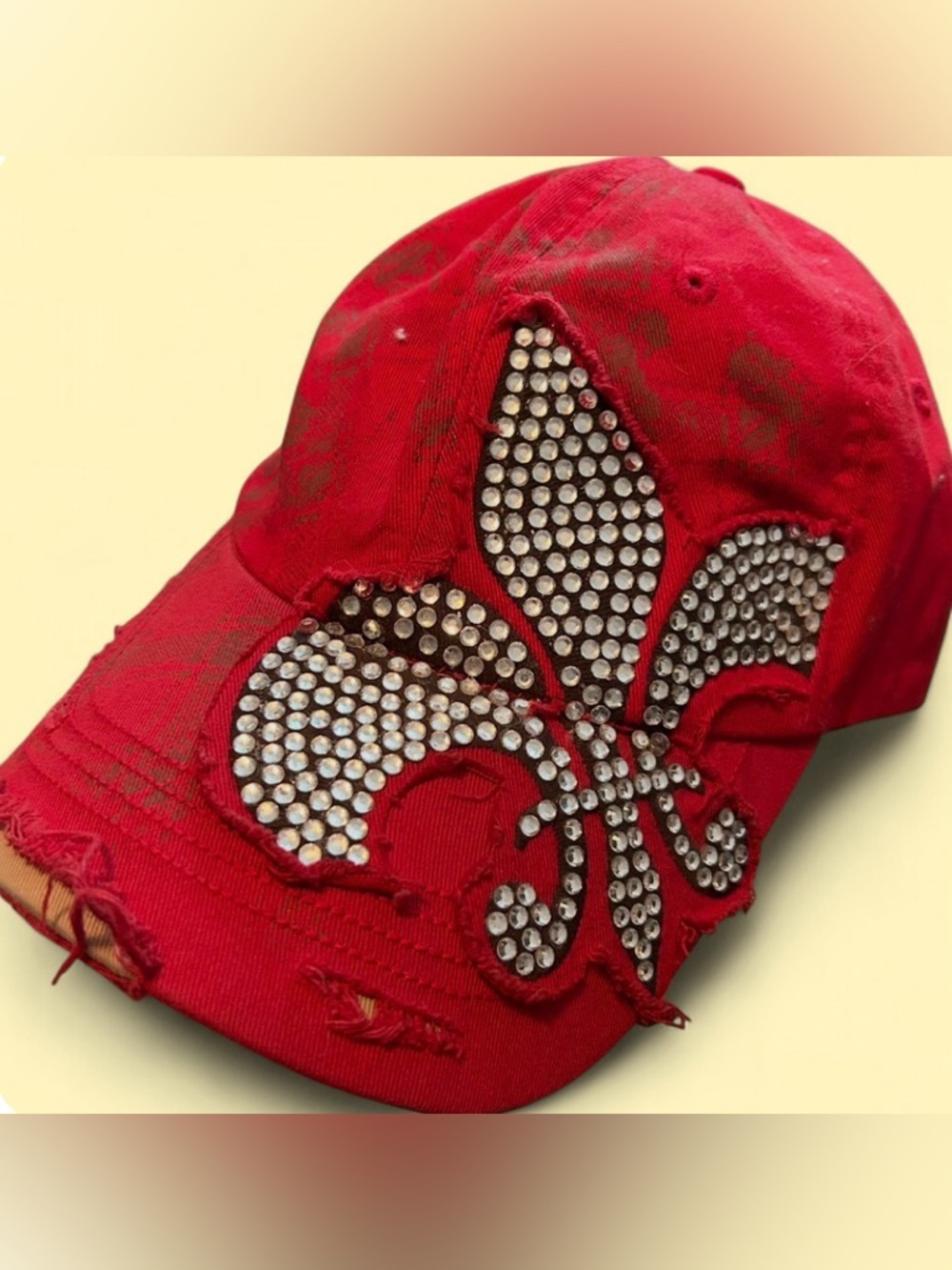 Leader Rhinestone Fleur De Lis Distressed Trucker Hat | Y2K Bling Red Cap